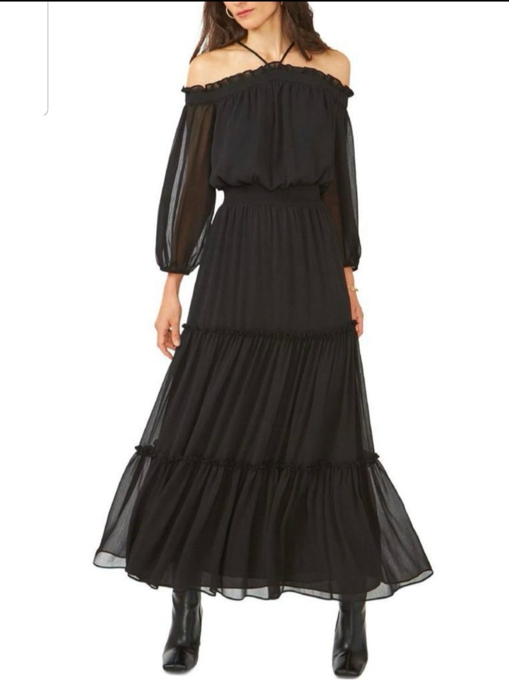 1.STATE Halter Neck Tiered Maxi Dress